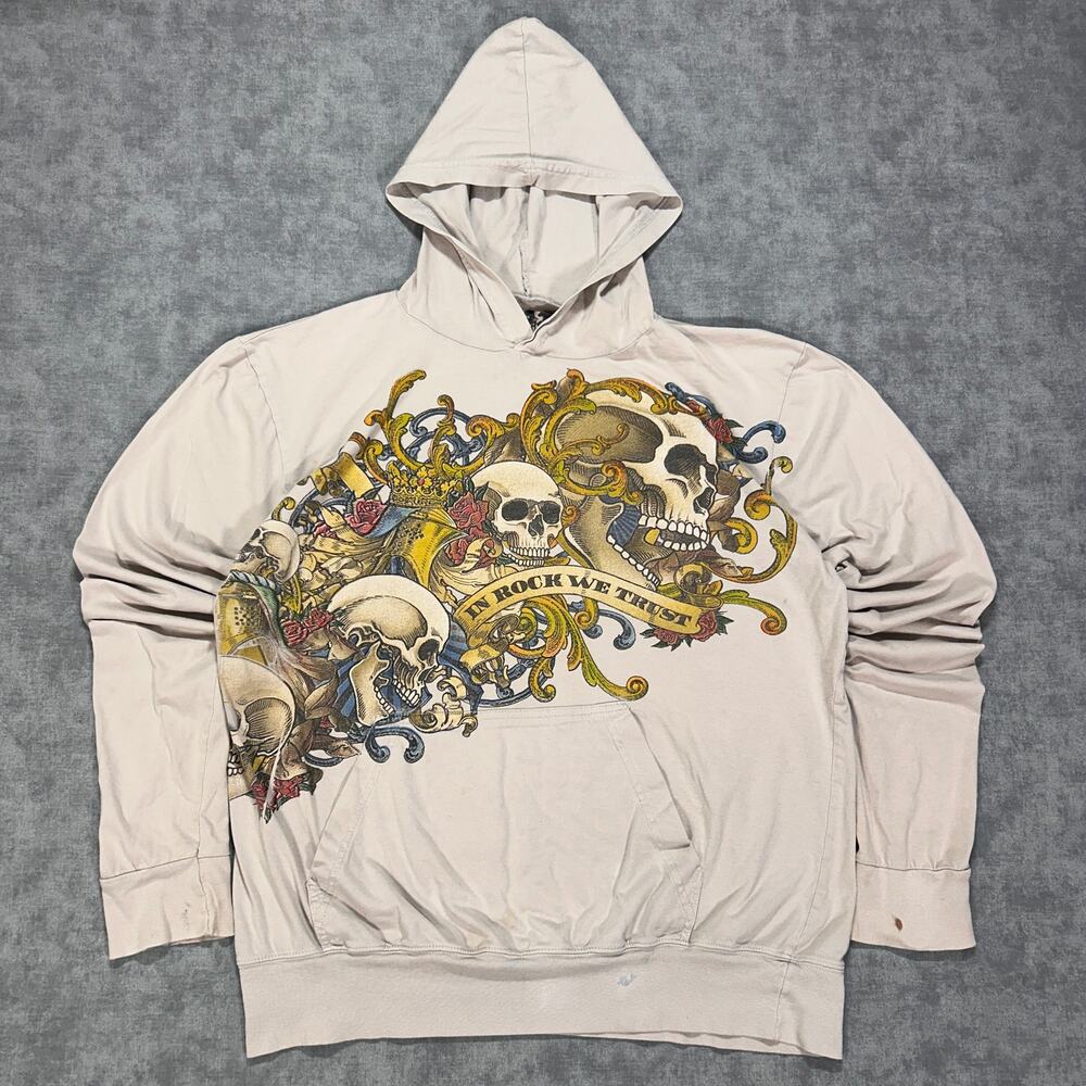 Vintage Y2K Utility Skull In Rock We Trust Graphic Hoodie Shirt Mens XL